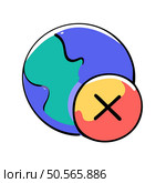 A colorful cartoon globe with a red circle containing a black X over it. representing global disconnect or a failed connection. Perfect for illustrating concepts of digital disconnect. network errors. or global problems. Стоковая иллюстрация, агентство Ingram Publishing / Фотобанк Лори