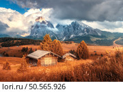 Amazing Alpe di Siusi at sunset in autumn. Colorful landscape with alpine mountains in low clouds, village with wooden houses, orange meadows, flowers on hills, dramatic sky in fall. Dolomites, Italy. Wooden houses on orange meadows in mountain valley in autumn. Стоковое фото, агентство Ingram Publishing / Фотобанк Лори