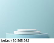 3D white podium with two levels on light blue background, perfect for showcasing products, mockups, or presentations, Minimalist design. Стоковая иллюстрация, агентство Ingram Publishing / Фотобанк Лори