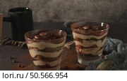Delicious italian dessert tiramisu in a glasses on a dark slate, stone or concrete background. Стоковое фото, агентство Ingram Publishing / Фотобанк Лори