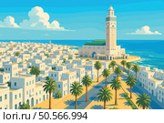 Sunny View of Casablanca Featuring Hassan II Mosque and Palm-Lined Boulevards. Стоковая иллюстрация, иллюстратор Максим Гребешков / Фотобанк Лори