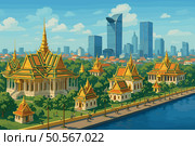 Daytime Skyline of Phnom Penh with Royal Palace and Modern Buildings. Стоковая иллюстрация, иллюстратор Максим Гребешков / Фотобанк Лори