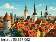 Tallinn Cityscape with Medieval Towers and Modern Glass Buildings. Стоковая иллюстрация, иллюстратор Максим Гребешков / Фотобанк Лори