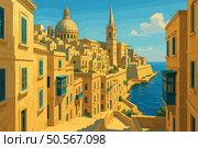 Valletta Day Scene with Limestone Streets and Blue Sea. Стоковая иллюстрация, иллюстратор Максим Гребешков / Фотобанк Лори