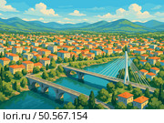 Podgorica Cityscape with River Bridges and Green Hills. Стоковая иллюстрация, иллюстратор Максим Гребешков / Фотобанк Лори