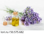 Wellness treatments with lavender flowers on wooden table. Spa still-life.. Wellness treatments with lavender flowers. Стоковое фото, агентство Ingram Publishing / Фотобанк Лори