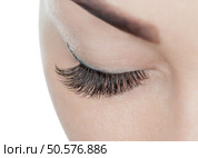 Beautiful Woman with long eyelashes in a beauty salon. Eyelash extension procedure. Lashes close up. Стоковое фото, агентство Ingram Publishing / Фотобанк Лори