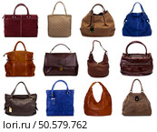 Set of multicolored female bags on a white background.12 pieces. Стоковое фото, агентство Ingram Publishing / Фотобанк Лори