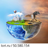 Eco concept. Half sphere of earth with light side and darker side. One side is eco city, different side is empty and dry ground with mountains. Стоковое фото, агентство Ingram Publishing / Фотобанк Лори