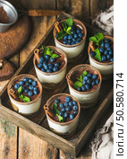 Homemade Tiramisu dessert in glasses with cinnamon, mint and fresh blueberry in wooden tray over rustic wooden background, top view, selective focus, vertical composition. Tiramisu dessert with cinnamon, mint and blueberry in wooden tray. Стоковое фото, агентство Ingram Publishing / Фотобанк Лори