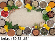 Herbal medicine selection with fresh and dried herbs amd spices forming an abstract background on natural hemp paper.  . Стоковое фото, агентство Ingram Publishing / Фотобанк Лори