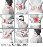 Pain in a woman’s body. Isolated on white background. Collage of several photos. Стоковое фото, агентство Ingram Publishing / Фотобанк Лори
