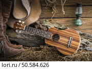 Still life painting photography with ukulele on american west rodeo brown felt cowboy hat and traditional leather boots in vintage ranch barn background. Стоковое фото, агентство Ingram Publishing / Фотобанк Лори