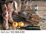 ukulele with american west rodeo brown cowboy hat and leather boots in vintage ranch barn studio background, Still life style. Стоковое фото, агентство Ingram Publishing / Фотобанк Лори