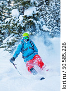 Freeze motion of freerider in deep powder snow, skiing in forest. Freeze motion of freerider in deep powder snow. Стоковое фото, агентство Ingram Publishing / Фотобанк Лори