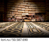 retro tile floor background and old brick wall. Floor background and tile floor. Стоковое фото, агентство Ingram Publishing / Фотобанк Лори