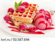 Belgian waffles with raspberries sorbet. Selective focus. Стоковое фото, агентство Ingram Publishing / Фотобанк Лори