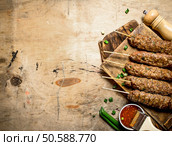 Kebab with green onions and hot sauce. On a wooden table.. Kebab with green onions and hot sauce. Стоковое фото, агентство Ingram Publishing / Фотобанк Лори