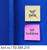 Pink,And,Yellow,Notes,On,Blue,Background,With,Text,Self. Стоковое фото, агентство Ingram Publishing / Фотобанк Лори