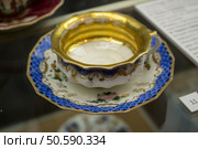 Moscow, Russia - March 1, 2025: The exhibition of the famous Russian brand Gzhel is the production of tableware and other ceramic products. Редакционное фото, фотограф Татьяна Васильева / Фотобанк Лори