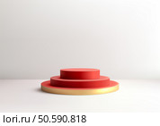 3d red and gold three tiered podium on white background, chinese new year product displays, mockups, and showcases. Stunning blend of tradition, modernity, and festive elegance. Стоковая иллюстрация, агентство Ingram Publishing / Фотобанк Лори