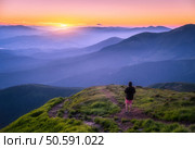 Man on the top of mountain Goverla, Ukraine. Hill with green grass and beautiful mountain valley at sunset in summer. Landscape with sporty man, hils in fog, orange sky at twilight. Hiking. Spring. Стоковое фото, агентство Ingram Publishing / Фотобанк Лори