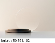 Minimalist beige podium scene with muted earth tones, a slender transparent circle, and soft shadows. Perfect for luxury product displays, mockups, branding, and serene showroom designs. Стоковая иллюстрация, агентство Ingram Publishing / Фотобанк Лори