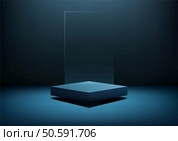 minimalist 3d blue podium display platform illuminated from the front, casting a soft glow and subtle shadow, perfect for product mockups, showroom presentations, and modern advertising concepts. Стоковая иллюстрация, агентство Ingram Publishing / Фотобанк Лори