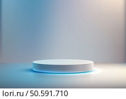 softly lit white cylindrical pedestal stands in a spotlight against a gradient blue and gray backdrop, showcasing products in a minimalist and modern style, technology concepts or creative displays. Стоковая иллюстрация, агентство Ingram Publishing / Фотобанк Лори