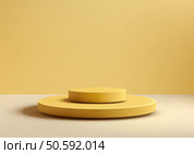 minimalist 3d two tiered cylindrical podium in vibrant yellow, positioned on a light beige surface, perfect for product display, mockups, or modern showroom presentations. Стоковая иллюстрация, агентство Ingram Publishing / Фотобанк Лори