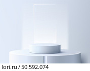 minimalist 3d white cylindrical pedestal on a larger platform, set against a clean white background with lighting, product display, mockups, modern technology concepts in advertising or branding. Стоковая иллюстрация, агентство Ingram Publishing / Фотобанк Лори