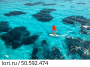 Aerial view of windsurfer on blue sea at sunny summer day. Windsurfing. Extreme sport and vacation. Top view of man on windsurfer board, waves, clear azure water in Sardinia, Italy. Tropical landscape. Стоковое фото, агентство Ingram Publishing / Фотобанк Лори