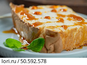 A close-up captures a single slice of molotof, a traditional pudding made from caramelized egg whites, generously drizzled with sweet amber syrup and garnished with bright green mint leaves on a soft blue plate. Стоковое фото, агентство Ingram Publishing / Фотобанк Лори