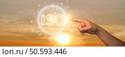 ISO: Man Touching Global Network and Data Connection on Space Background. International Standards, Organizational Compliance, Quality Assurance. Стоковое фото, агентство Ingram Publishing / Фотобанк Лори