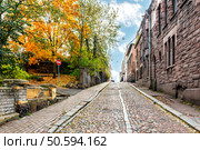 Autumn landscape of the famous Podgorny street in Vyborg. Стоковое фото, фотограф Владимир Ушаров / Фотобанк Лори