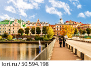 View from the fortress bridge to the historical part of the city of Vyborg. Редакционное фото, фотограф Владимир Ушаров / Фотобанк Лори