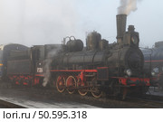 Старый российский паровоз Ов.324 (серия Ов, Овечка) туманным октябрьским утром. Станция Сортавала. Редакционное фото, фотограф Виктор Карасев / Фотобанк Лори