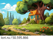 Enchanting cottage nestled under majestic tree. Стоковое AI-изображение, AI-художник Иван Рябоконь / Фотобанк Лори
