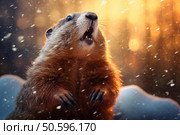 Groundhog predicting weather during snowfall at sunset. Стоковое AI-изображение, AI-художник Иван Рябоконь / Фотобанк Лори
