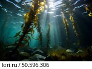 Sunlight filtering through giant kelp forest in pacific ocean. Стоковое AI-изображение, AI-художник Иван Рябоконь / Фотобанк Лори