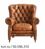 Classic brown leather chesterfield armchair exhibiting timeless elegance. Стоковое AI-изображение, AI-художник Иван Рябоконь / Фотобанк Лори