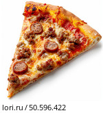 Delicious slice of sausage and crumble pizza isolated on white background. Стоковое AI-изображение, AI-художник Иван Рябоконь / Фотобанк Лори