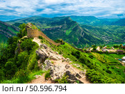 Picturesque mountain landscape with a photofacility tower of the Russian fortress in Gunib. Dagestan, Caucasus (2024 год). Стоковое фото, фотограф Константин Лабунский / Фотобанк Лори