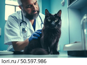 Veterinarian examining black cat in veterinary clinic. Стоковое AI-изображение, AI-художник Иван Рябоконь / Фотобанк Лори