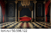 Elegant opulent interior with red velvet furniture in a luxurious black and gold room. Стоковое AI-изображение, AI-художник Михаил Коханчиков / Фотобанк Лори