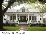 Beautiful white suburban house with large front porch and garden. Стоковое AI-изображение, AI-художник Иван Рябоконь / Фотобанк Лори