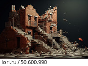 Miniature crumbling brick building after natural disaster or war. Стоковое AI-изображение, AI-художник Иван Рябоконь / Фотобанк Лори