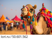 Decorated camel posing at the pushkar fair in rajasthan, india. Стоковое AI-изображение, AI-художник Иван Рябоконь / Фотобанк Лори