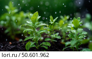 Fresh green seedlings thrive in garden soil under gentle rain in a vibrant outdoor setting. Стоковое AI-изображение, AI-художник Сергей Толмачёв / Фотобанк Лори