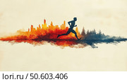 Modern art illustration made in the style of digital painting. The silhouette of a running man is depicted against the background of a bright contrast between the cityscape with skyscrapers in warm fiery tones and a calm forest landscape in cold blue shades. The composition symbolizes the choice between urbanism and nature, moving forward, striving for balance and inner freedom. The image is ideal for the themes of sports, running, choosing a path, inspiration, personal growth and lifestyle. Стоковое AI-изображение, AI-художник Анна Кривицкая / Фотобанк Лори
